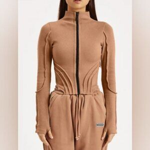 BBXBRAND Luxury Brown Ribbed Zip-Up Cropped Long Sleeve Top